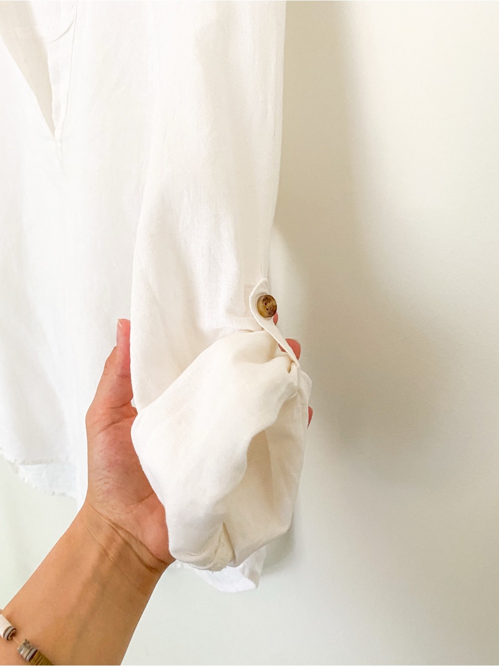 H&M | Linen Cotton Blend Top | White V-Neck Roll-Tab Blouse | Bohemian Earthy - Picture 5 of 7